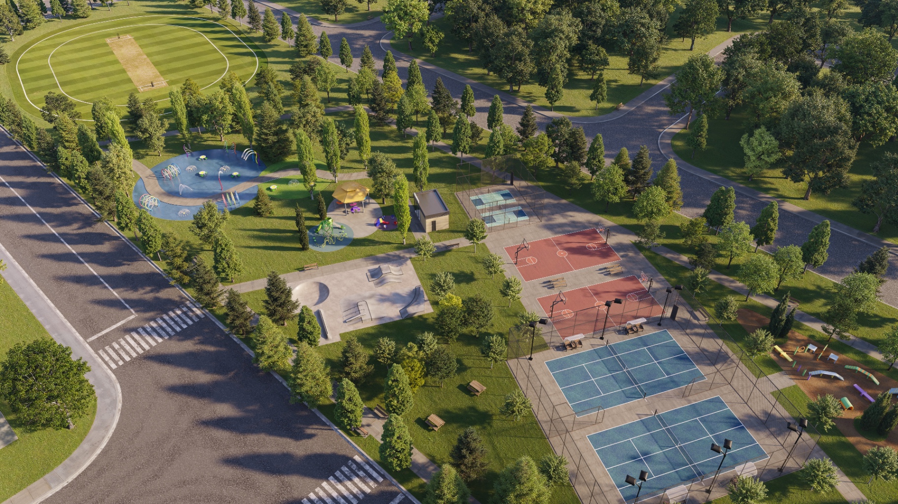 Community park aerial rendering with courts, splash pad and sports amenities