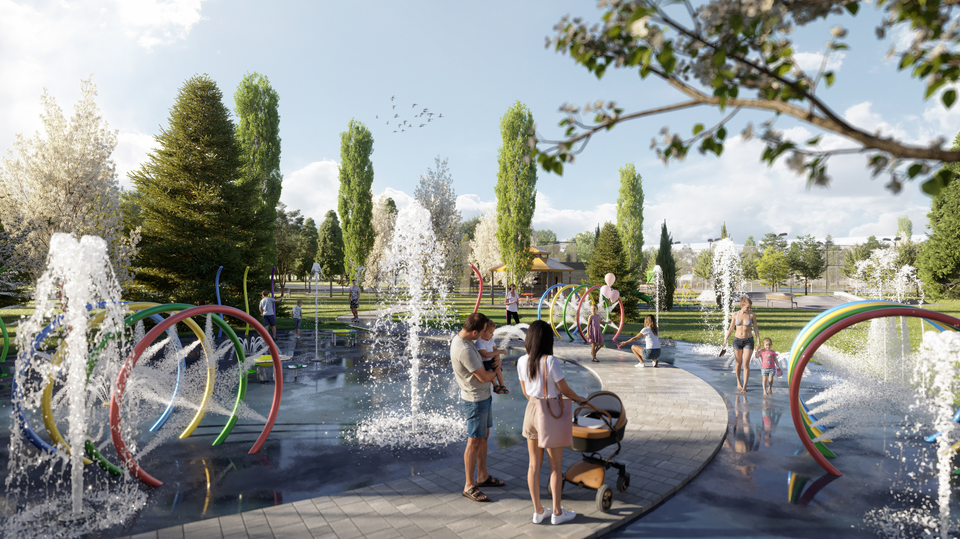 Splash pad amenity rendering at Wildfield Village