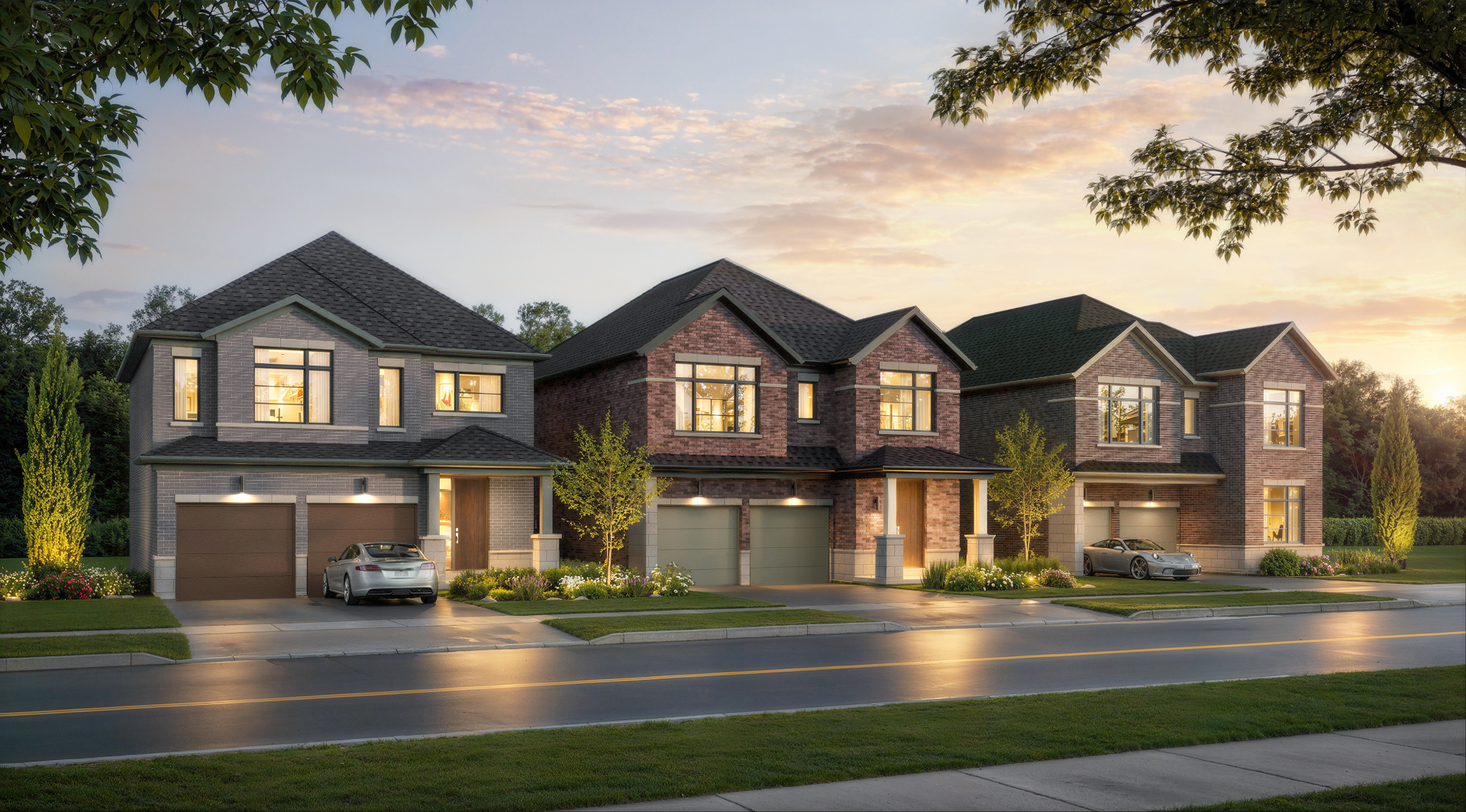 Detached home streetscape at golden hour in Wildfield Village, Caledon East
